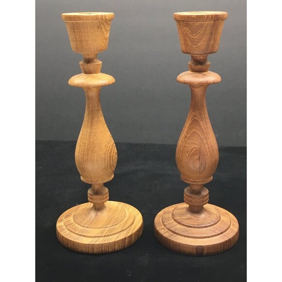 Vintage Hand Turned Wooden Candlesticks Taper Holders Two-Toned 7.5" Tall - Picture 9 of 16